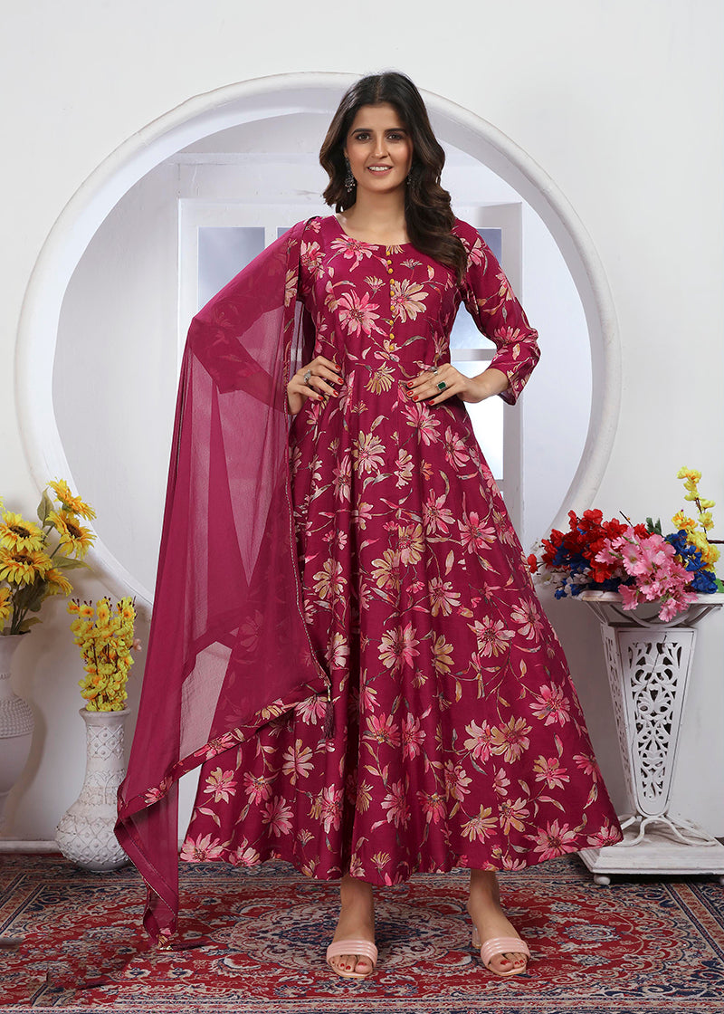 Monjolika Fashion Rani Pink Premium Chanderi Floral Printed Long Kurti With Dupatta - Distacart