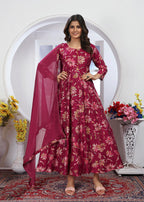 Monjolika Fashion Rani Pink Premium Chanderi Floral Printed Long Kurti With Dupatta - Distacart