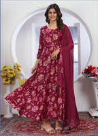 Monjolika Fashion Rani Pink Premium Chanderi Floral Printed Long Kurti With Dupatta - Distacart