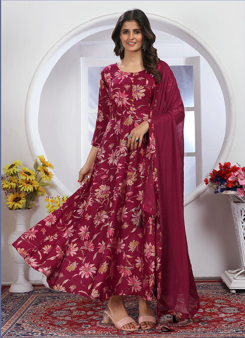 Monjolika Fashion Rani Pink Premium Chanderi Floral Printed Long Kurti With Dupatta - Distacart