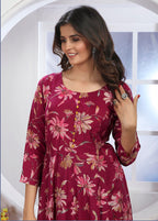 Monjolika Fashion Rani Pink Premium Chanderi Floral Printed Long Kurti With Dupatta - Distacart