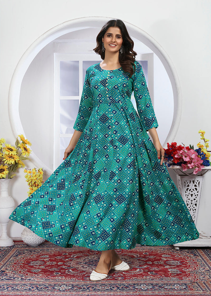 Monjolika Fashion Turquoise Premium Chanderi Floral Printed Long Kurti With Dupatta - Distacart
