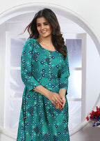 Monjolika Fashion Turquoise Premium Chanderi Floral Printed Long Kurti With Dupatta - Distacart