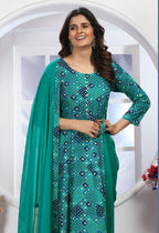 Monjolika Fashion Turquoise Premium Chanderi Floral Printed Long Kurti With Dupatta - Distacart