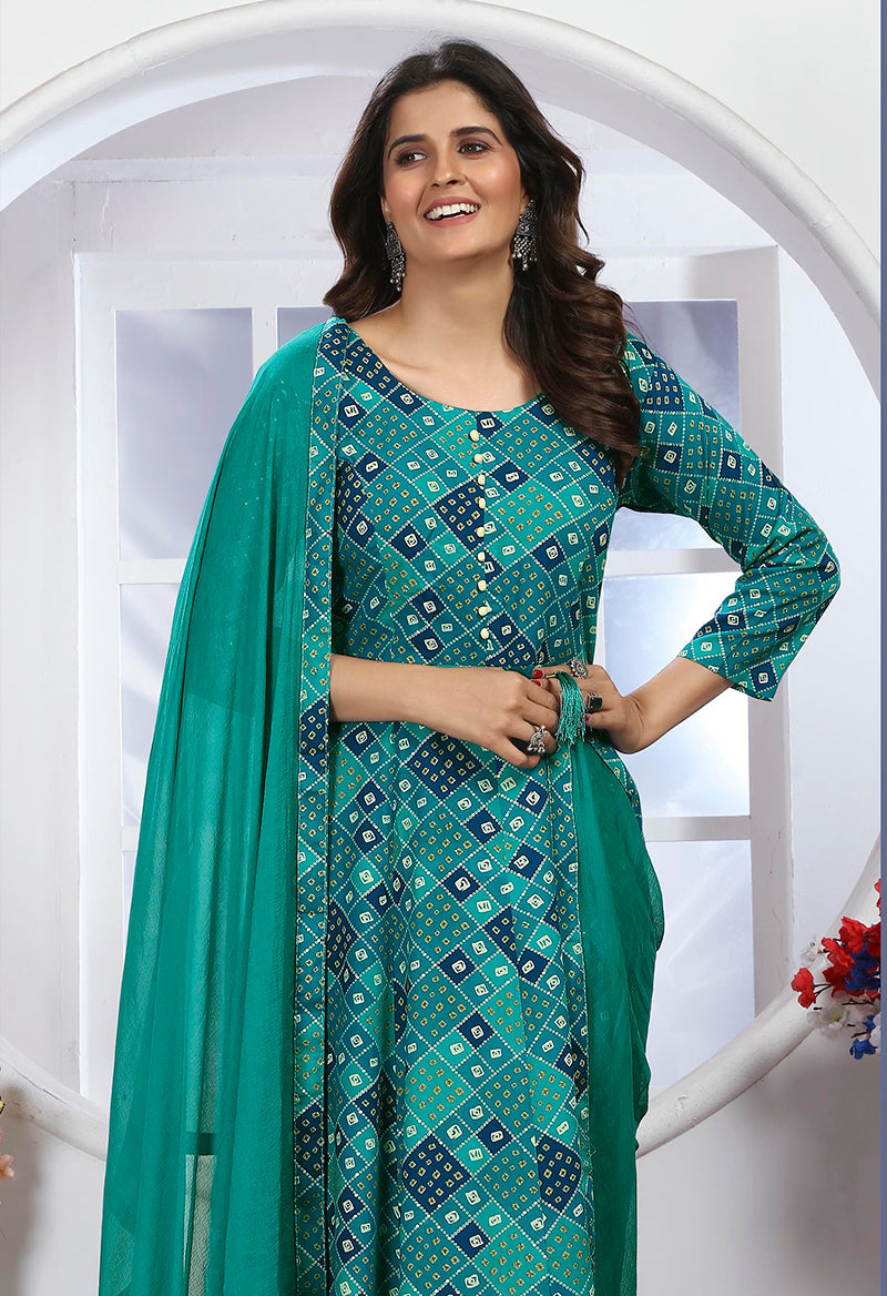 Monjolika Fashion Turquoise Premium Chanderi Floral Printed Long Kurti With Dupatta - Distacart
