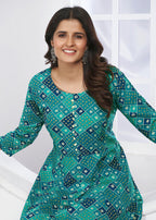 Monjolika Fashion Turquoise Premium Chanderi Floral Printed Long Kurti With Dupatta - Distacart