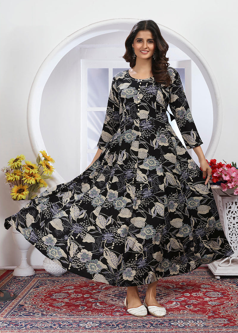 Monjolika Fashion Black Premium Chanderi Floral Printed Long Kurti With Dupatta - Distacart