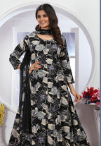 Monjolika Fashion Black Premium Chanderi Floral Printed Long Kurti With Dupatta - Distacart