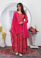 Monjolika Fashion Pink Premium Chanderi Floral Printed Long Kurti With Dupatta - Distacart
