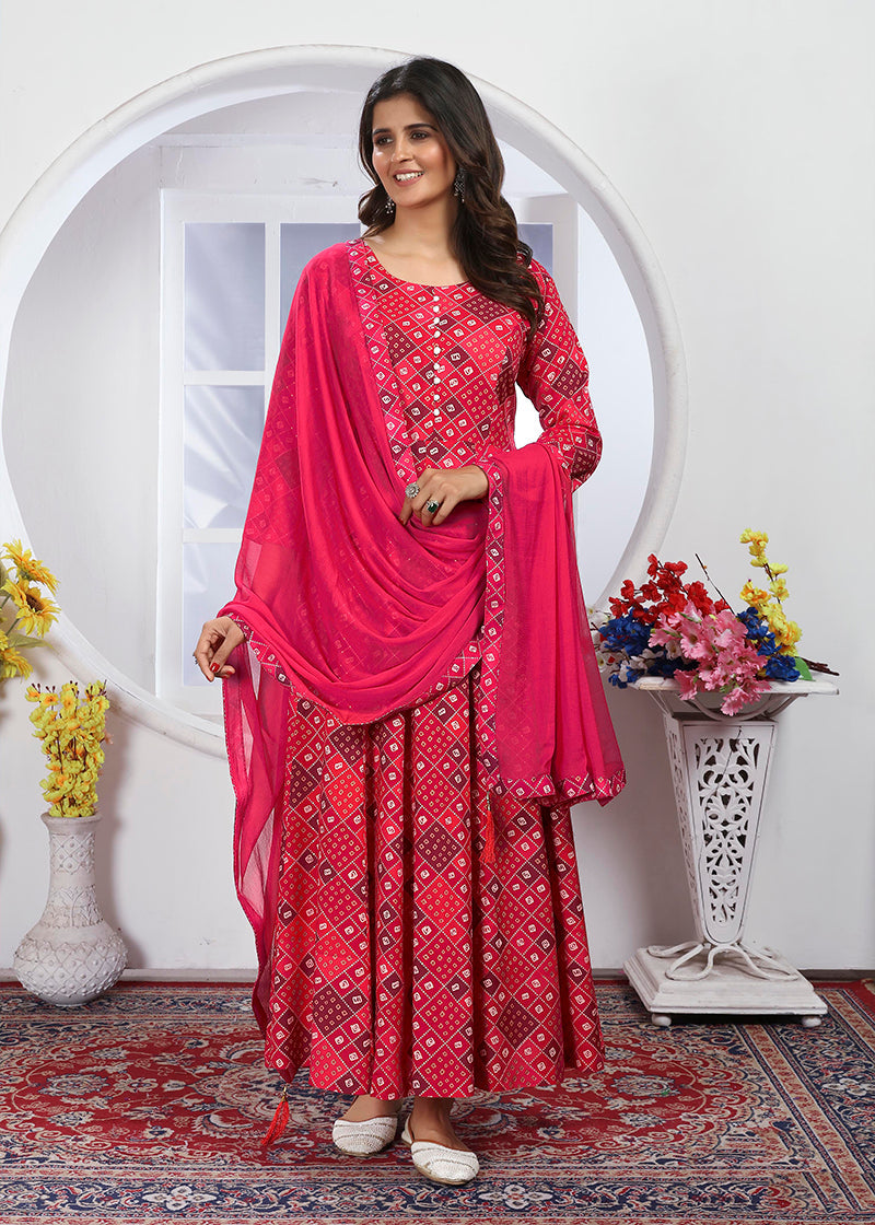Monjolika Fashion Pink Premium Chanderi Floral Printed Long Kurti With Dupatta - Distacart