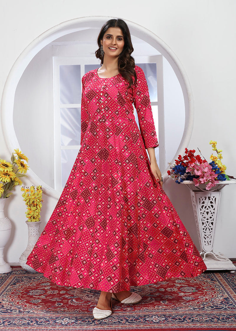 Monjolika Fashion Pink Premium Chanderi Floral Printed Long Kurti With Dupatta - Distacart