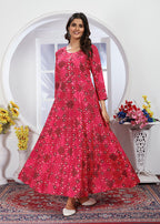 Monjolika Fashion Pink Premium Chanderi Floral Printed Long Kurti With Dupatta - Distacart