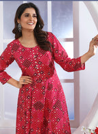 Monjolika Fashion Pink Premium Chanderi Floral Printed Long Kurti With Dupatta - Distacart