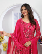 Monjolika Fashion Pink Premium Chanderi Floral Printed Long Kurti With Dupatta - Distacart
