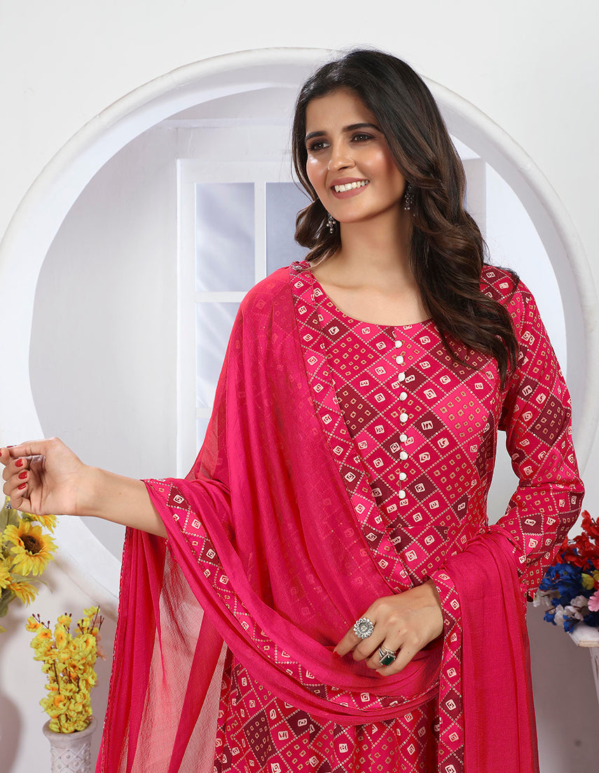 Monjolika Fashion Pink Premium Chanderi Floral Printed Long Kurti With Dupatta - Distacart