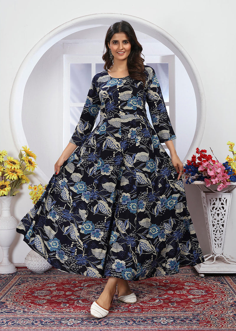 Monjolika Fashion Royal Blue Premium Chanderi Floral Printed Long Kurti With Dupatta - Distacart