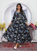 Monjolika Fashion Royal Blue Premium Chanderi Floral Printed Long Kurti With Dupatta - Distacart