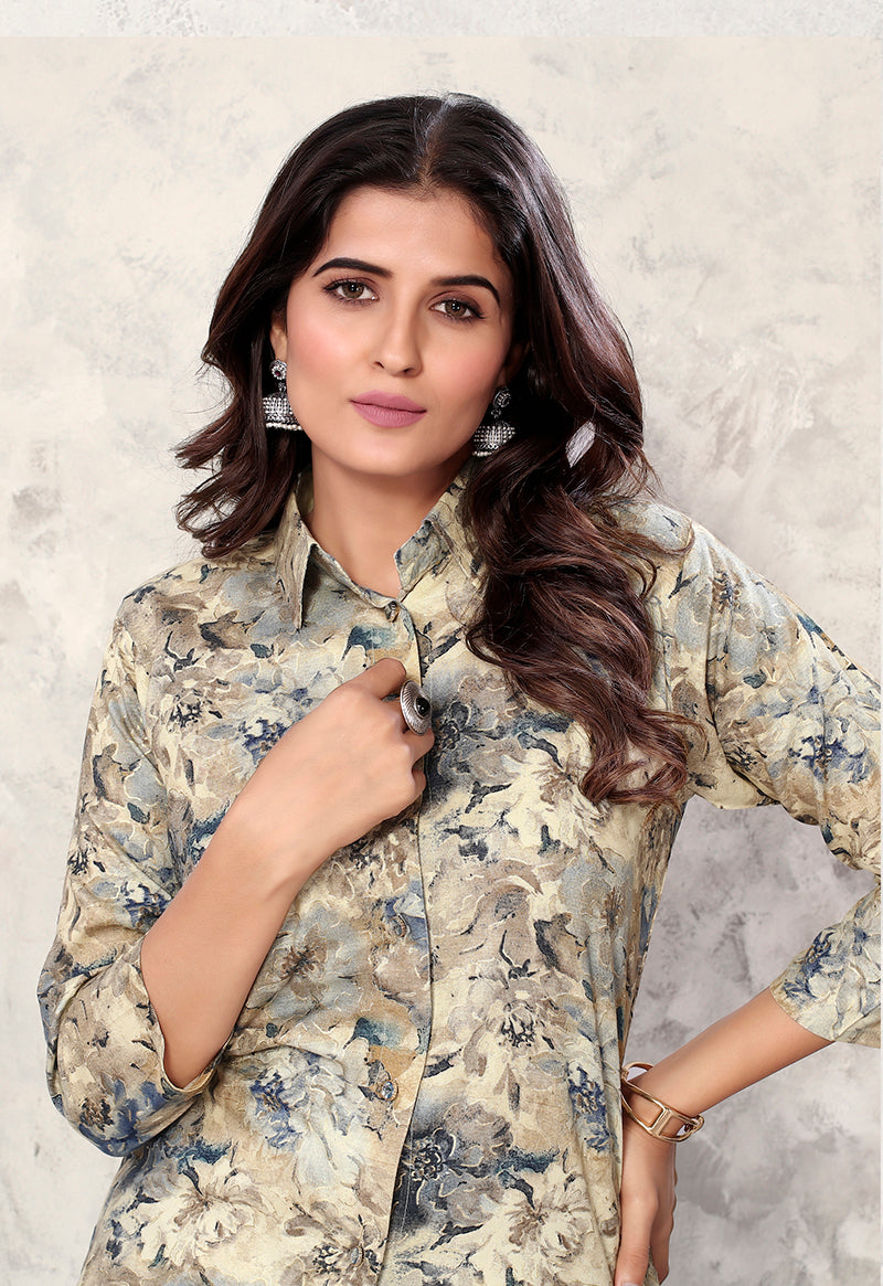 Monjolika Fashion Cream Premium Rayon Floral Printed Co Ord Set - Distacart