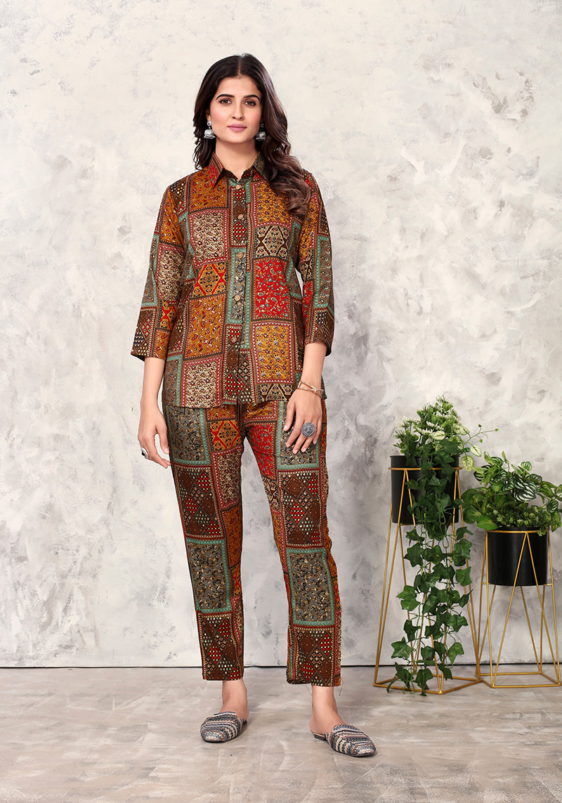 Monjolika Fashion Brown Premium Rayon Floral Printed Co Ord Set - Distacart