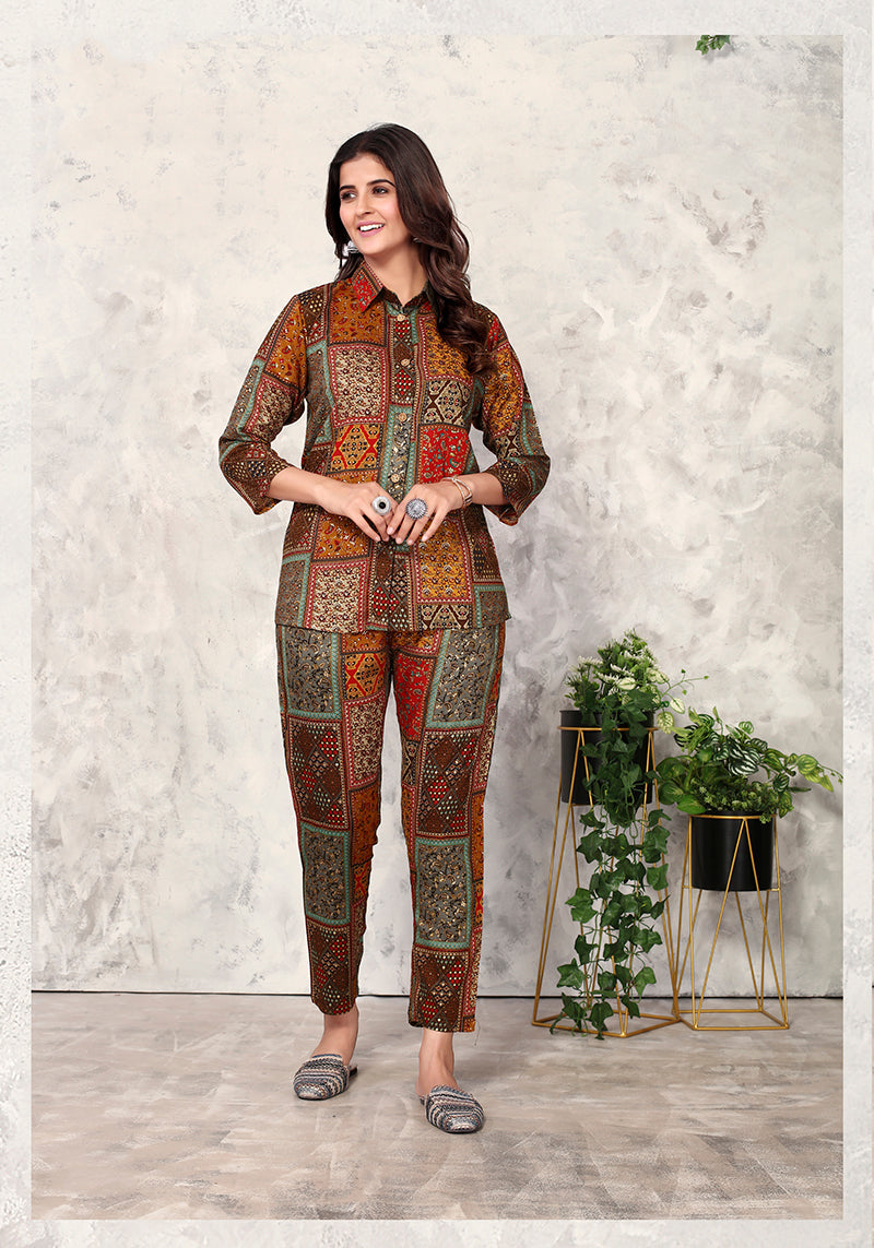 Monjolika Fashion Brown Premium Rayon Floral Printed Co Ord Set - Distacart