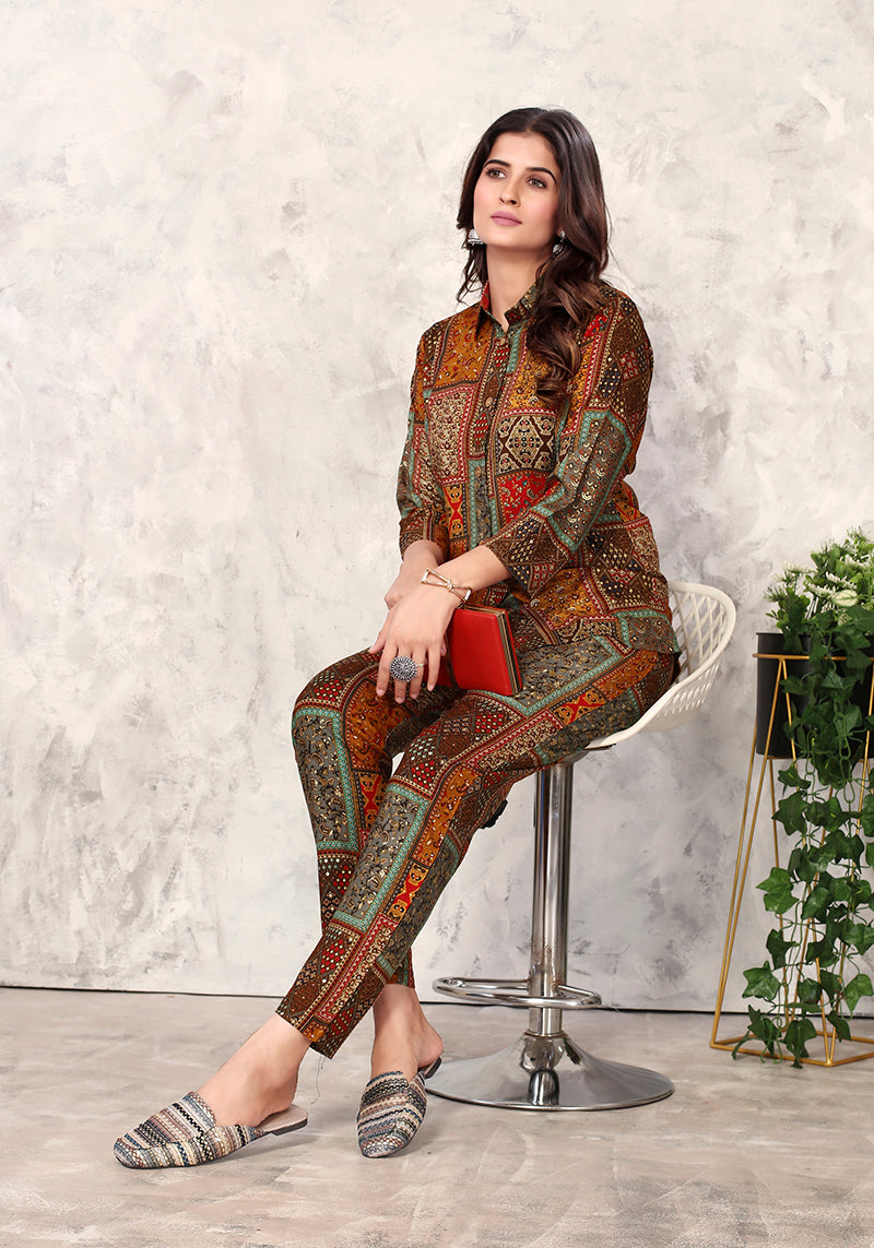 Monjolika Fashion Brown Premium Rayon Floral Printed Co Ord Set - Distacart