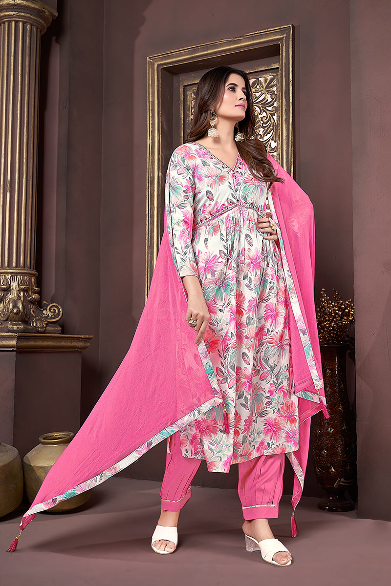 Monjolika Fashion Off White And Pink Rayon Printed Afghani Suit - Distacart