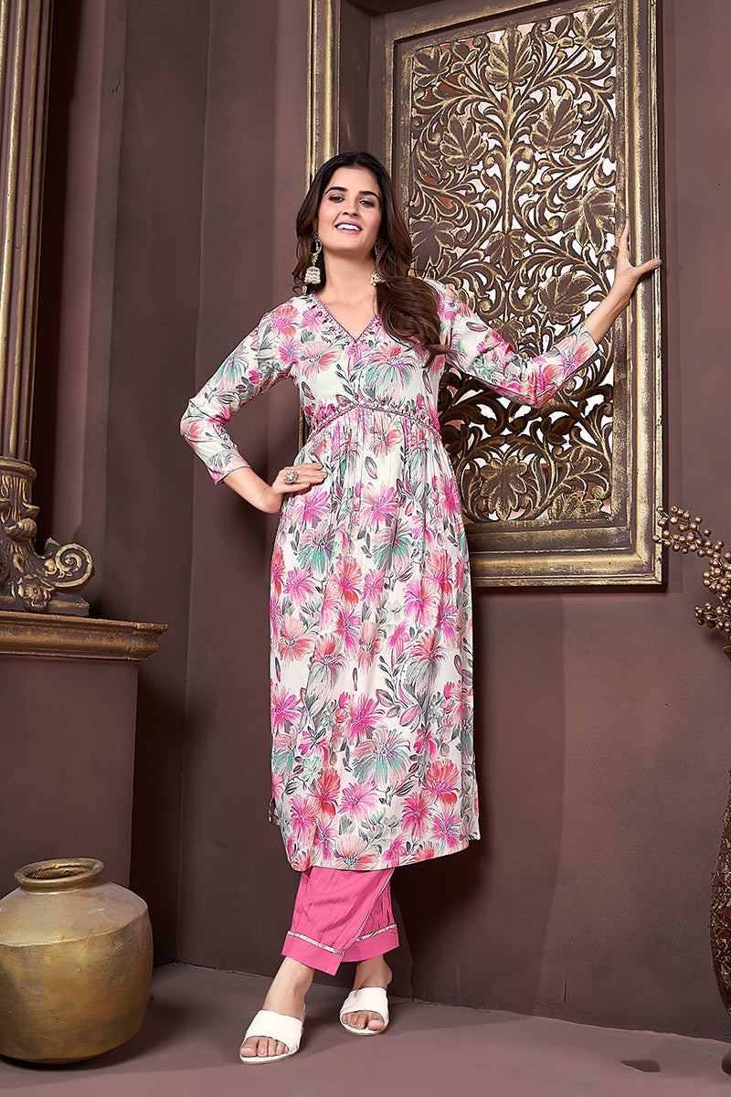 Monjolika Fashion Off White And Pink Rayon Printed Afghani Suit - Distacart