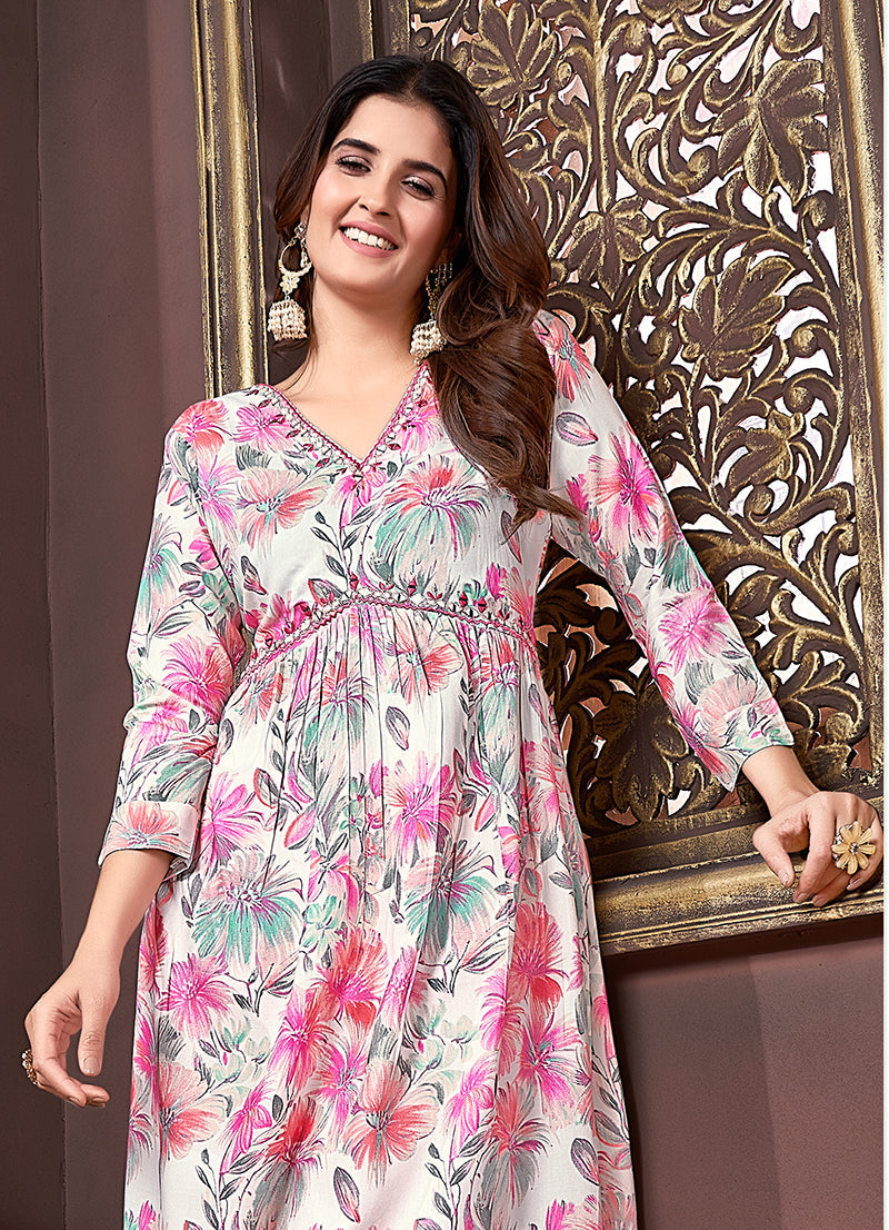 Monjolika Fashion Off White And Pink Rayon Printed Afghani Suit - Distacart