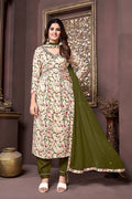 Monjolika Fashion Mehendi Green Rayon Printed Festival Wear Afghani Suit - Distacart