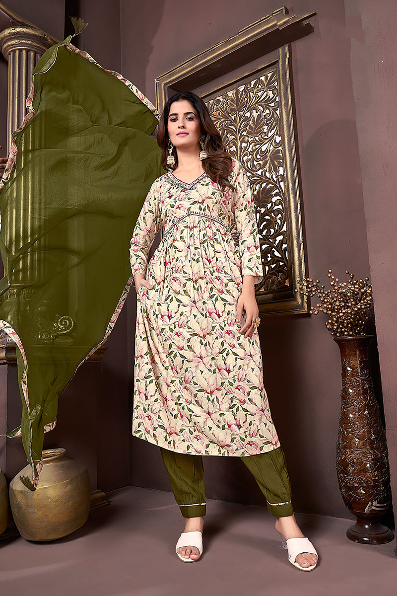 Monjolika Fashion Mehendi Green Rayon Printed Festival Wear Afghani Suit - Distacart