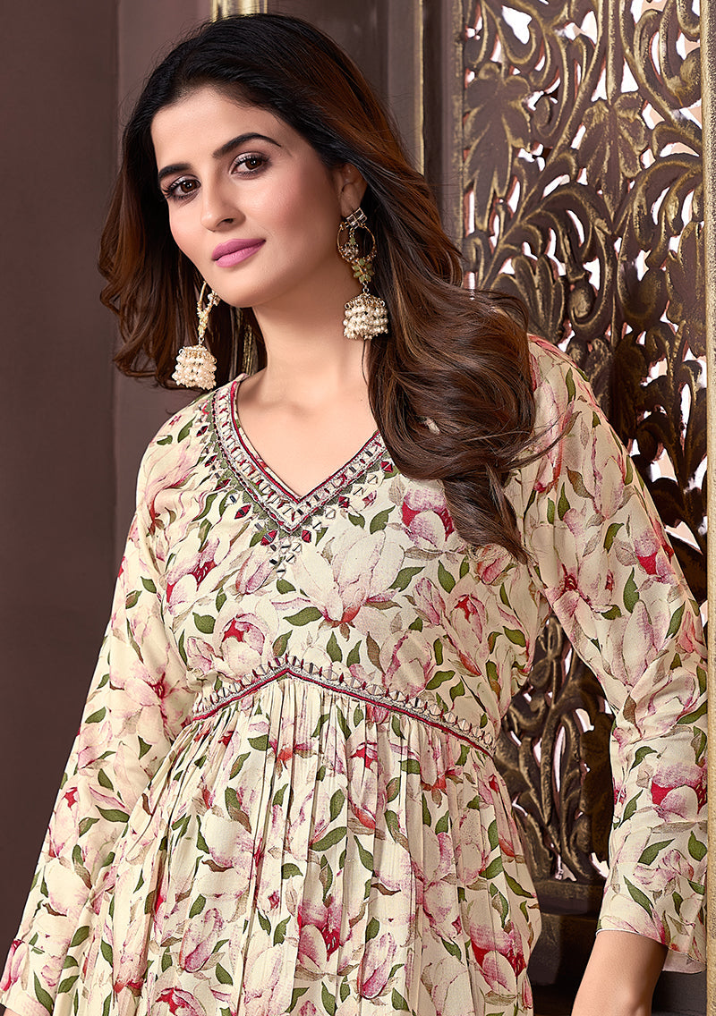 Monjolika Fashion Mehendi Green Rayon Printed Festival Wear Afghani Suit - Distacart