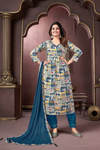Monjolika Fashion Blue Rayon Printed Festival Wear Afghani Suit - Distacart