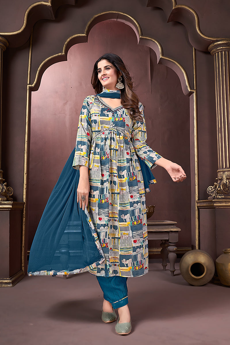 Monjolika Fashion Blue Rayon Printed Festival Wear Afghani Suit - Distacart