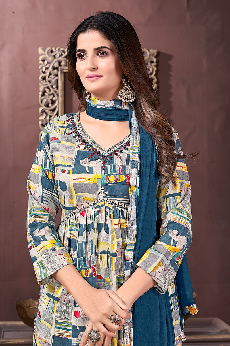 Monjolika Fashion Blue Rayon Printed Festival Wear Afghani Suit - Distacart