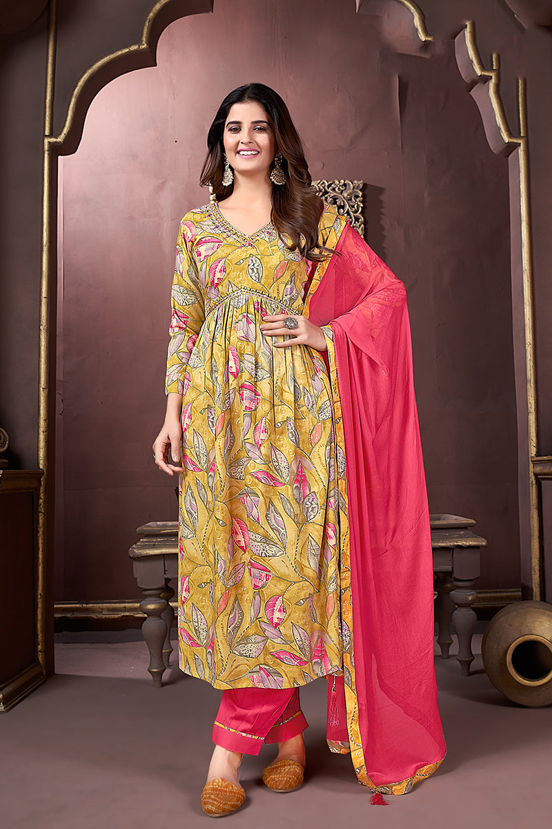 Monjolika Fashion Yellow And Pink Rayon Printed Festival Wear Afghani Suit - Distacart