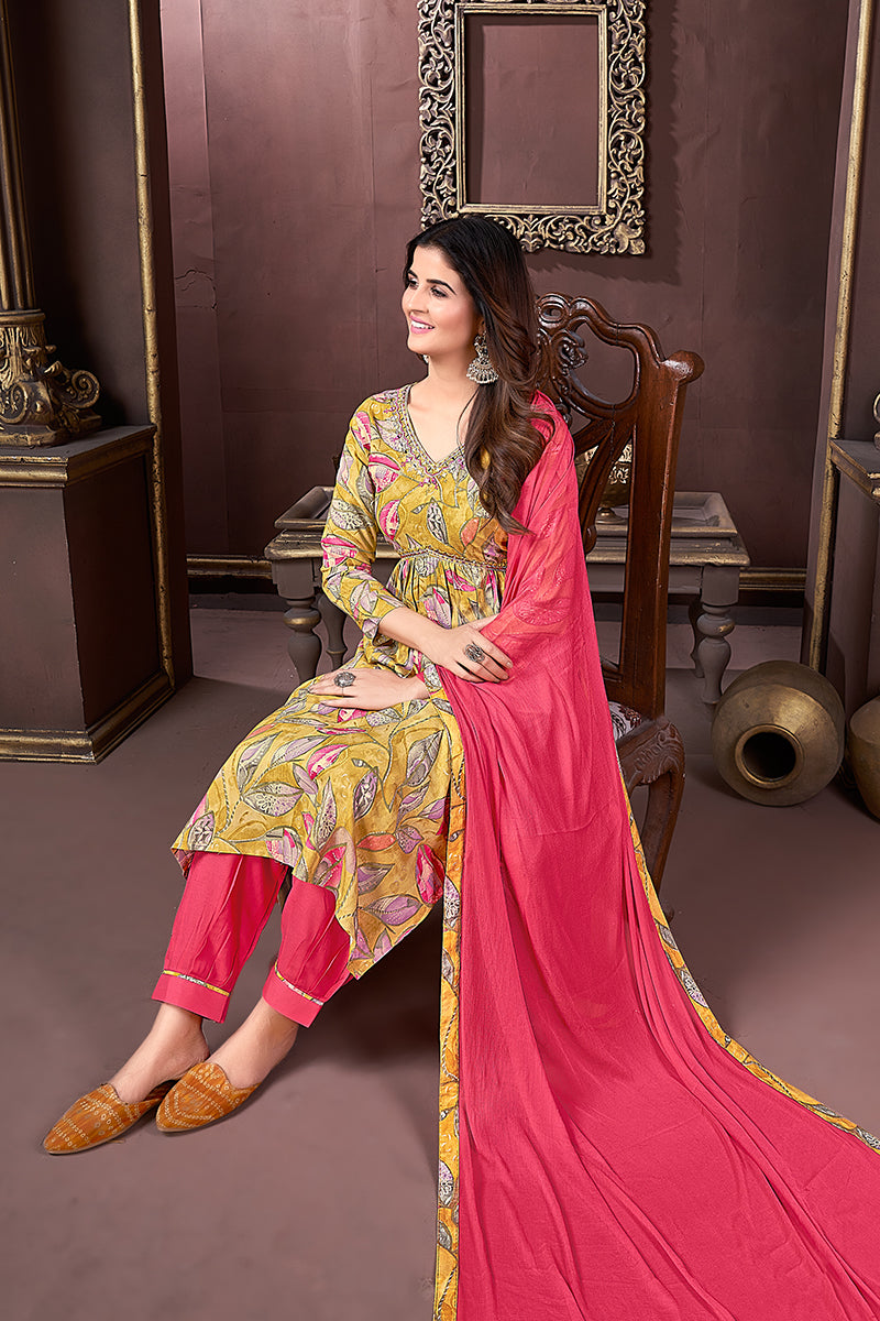 Monjolika Fashion Yellow And Pink Rayon Printed Festival Wear Afghani Suit - Distacart