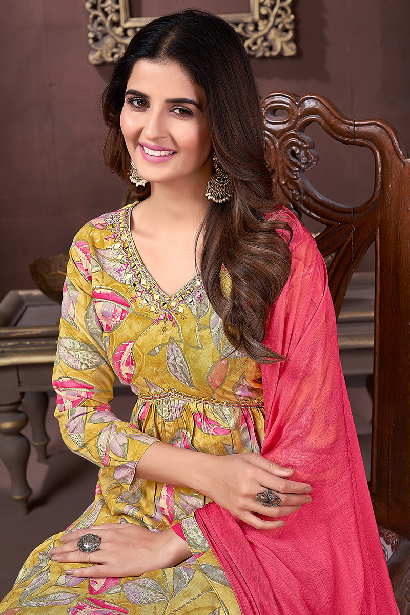 Monjolika Fashion Yellow And Pink Rayon Printed Festival Wear Afghani Suit - Distacart