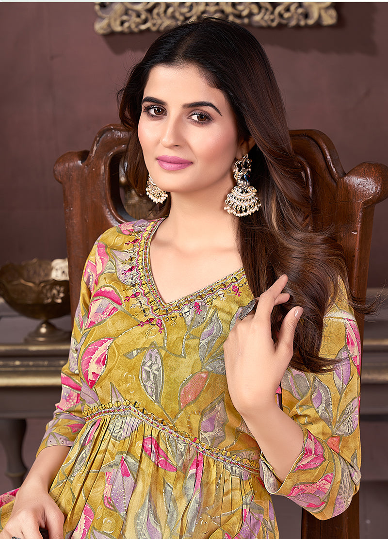 Monjolika Fashion Yellow And Pink Rayon Printed Festival Wear Afghani Suit - Distacart