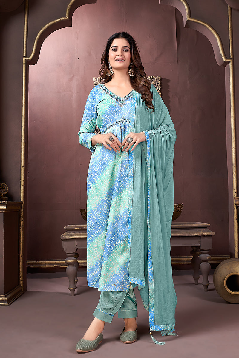 Monjolika Fashion Light Blue Rayon Printed Festival Wear Afghani Suit - Distacart
