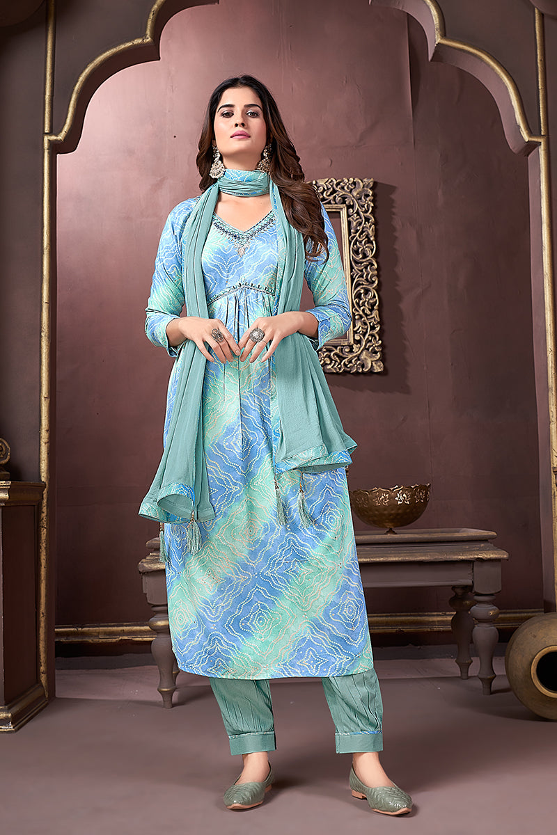 Monjolika Fashion Light Blue Rayon Printed Festival Wear Afghani Suit - Distacart