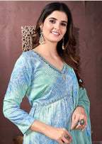Monjolika Fashion Light Blue Rayon Printed Festival Wear Afghani Suit - Distacart