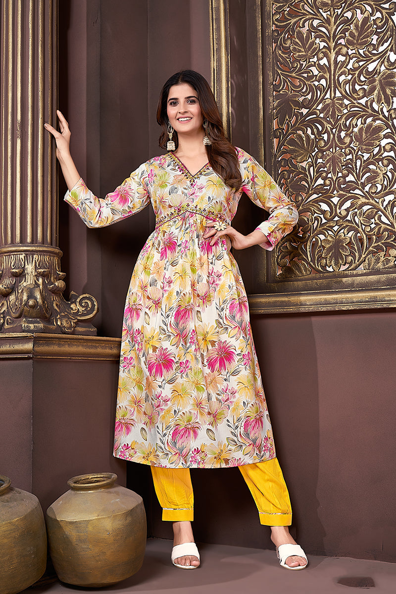 Monjolika Fashion Yellow Rayon Printed Festival Wear Afghani Suit - Distacart