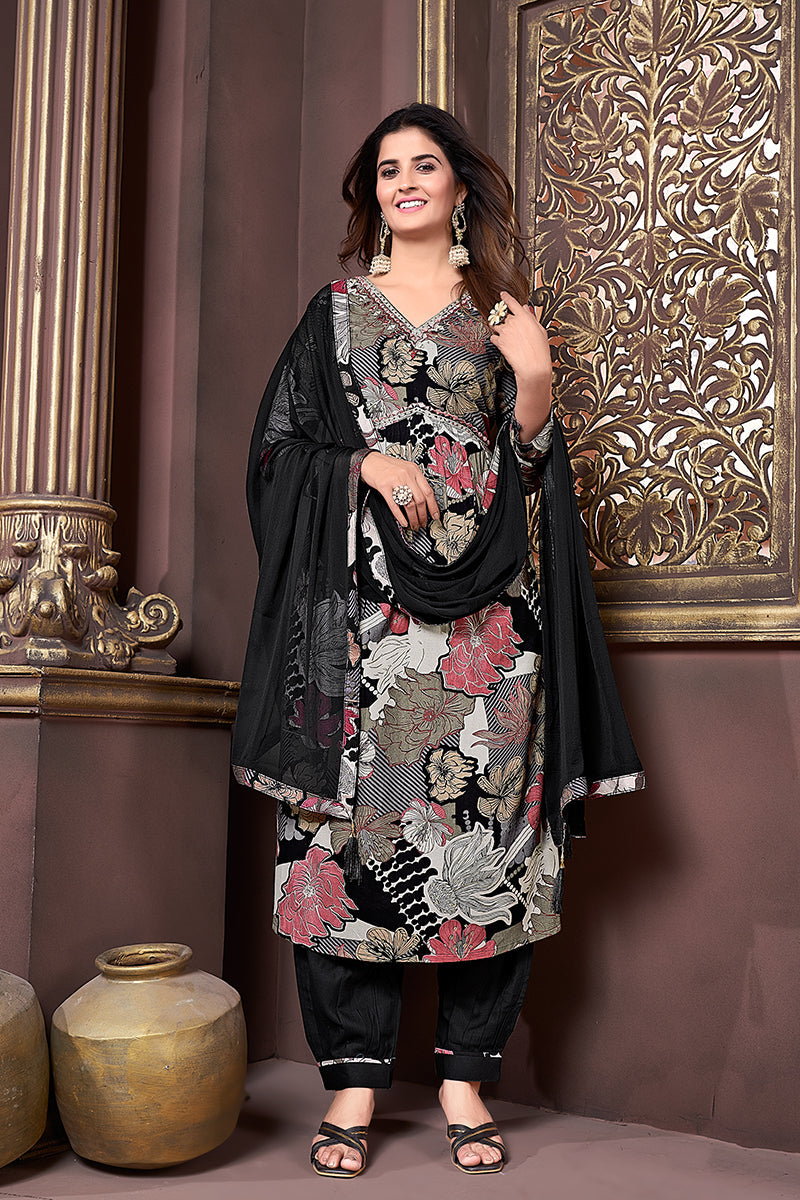 Monjolika Fashion Black Rayon Printed Festival Wear Afghani Suit - Distacart