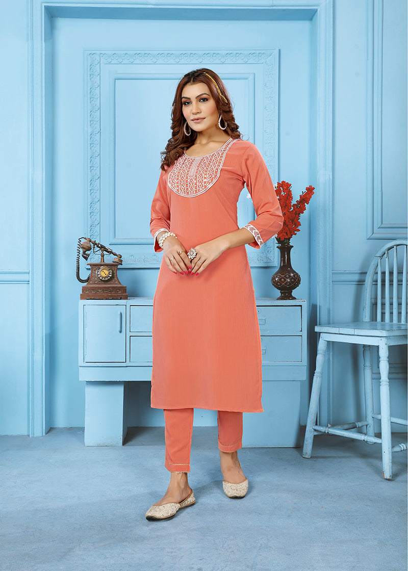 Monjolika Fashion Peach Rinkal Cotton With Embroidered Work Kurti With Pant - Distacart