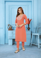 Monjolika Fashion Peach Rinkal Cotton With Embroidered Work Kurti With Pant - Distacart