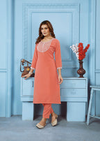 Monjolika Fashion Peach Rinkal Cotton With Embroidered Work Kurti With Pant - Distacart