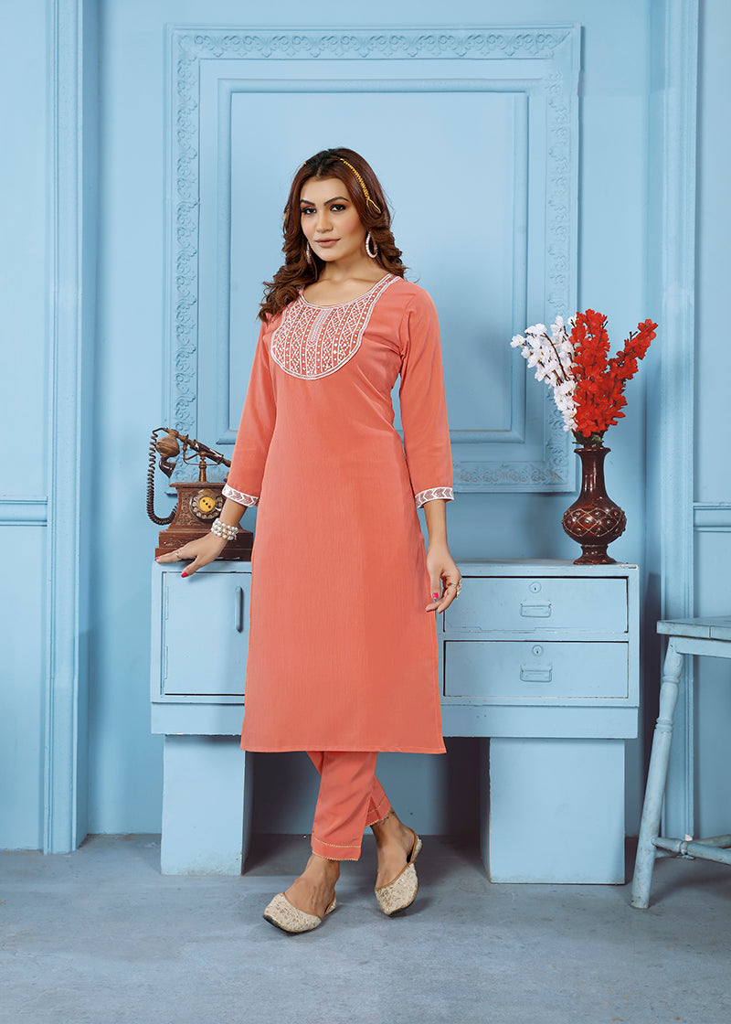 Monjolika Fashion Peach Rinkal Cotton With Embroidered Work Kurti With Pant - Distacart
