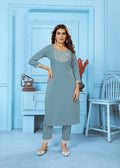 Monjolika Fashion Light Grey Rinkal Cotton With Embroidered Work Kurti With Pant - Distacart