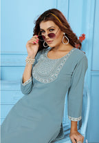 Monjolika Fashion Light Grey Rinkal Cotton With Embroidered Work Kurti With Pant - Distacart