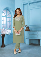 Monjolika Fashion Sage Green Rinkal Cotton With Embroidered Work Kurti With Pant - Distacart